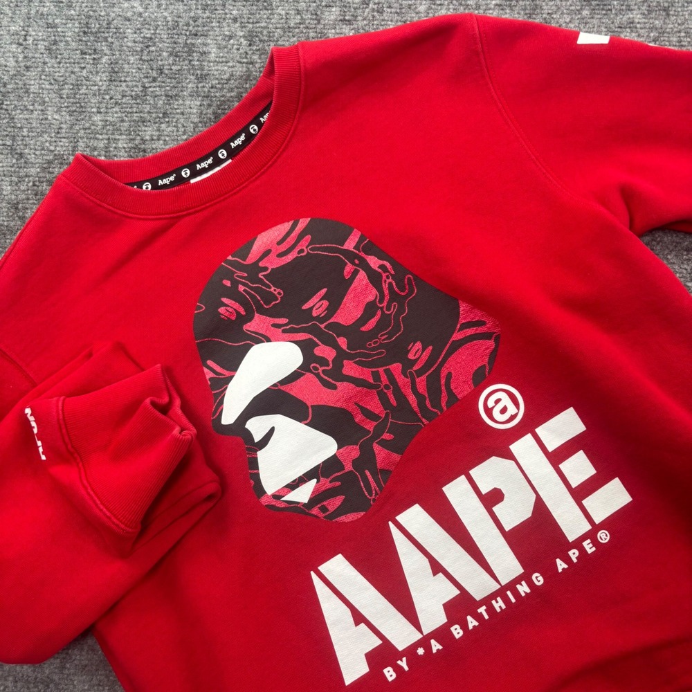 AAPE By A Bathing Ape Crewneck Sweatshirt Size Medium Red Camo Moonface Men's